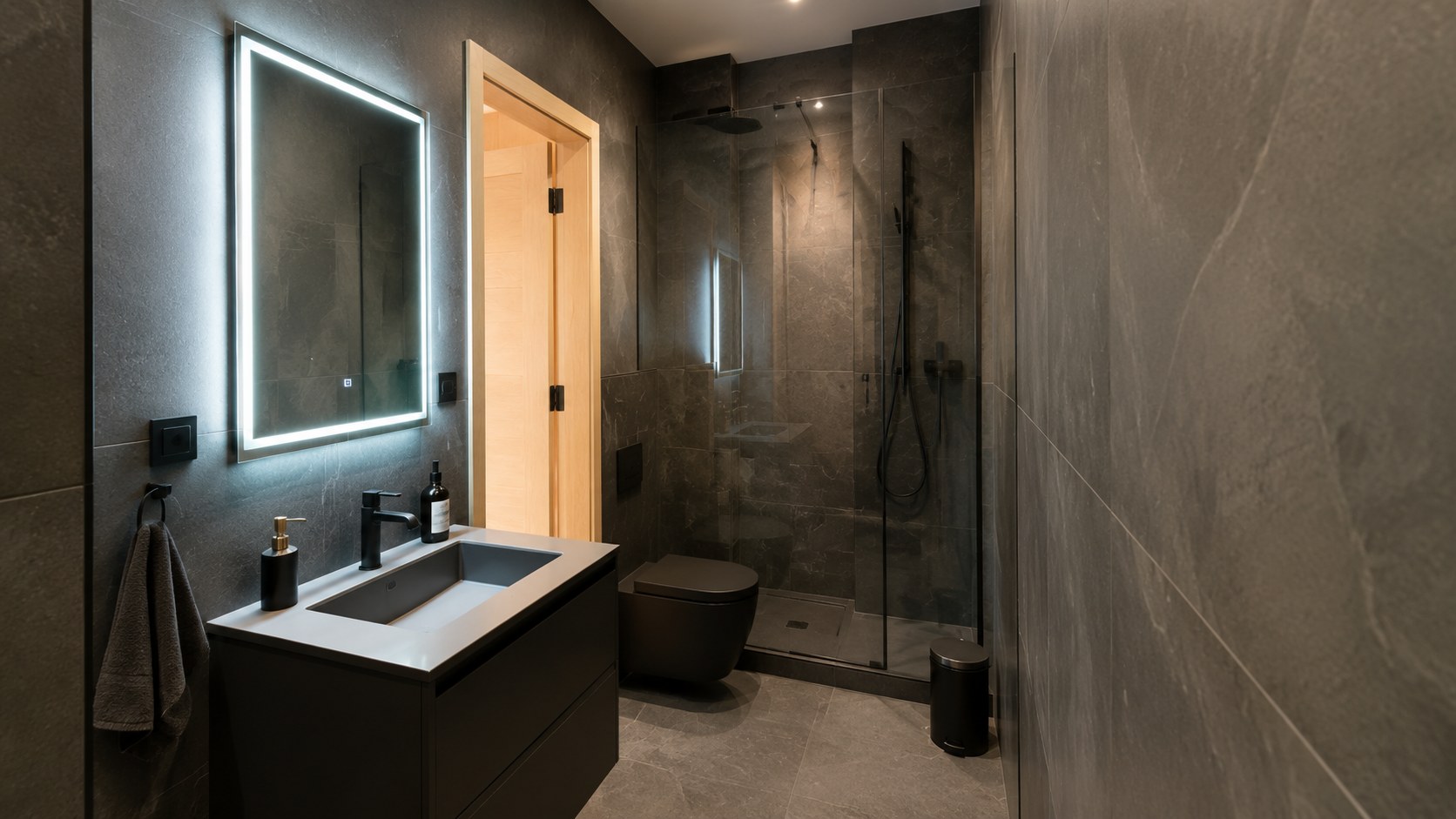 Salle de bain rénovée par Les Installations DB, vanité noire et douche vitrée